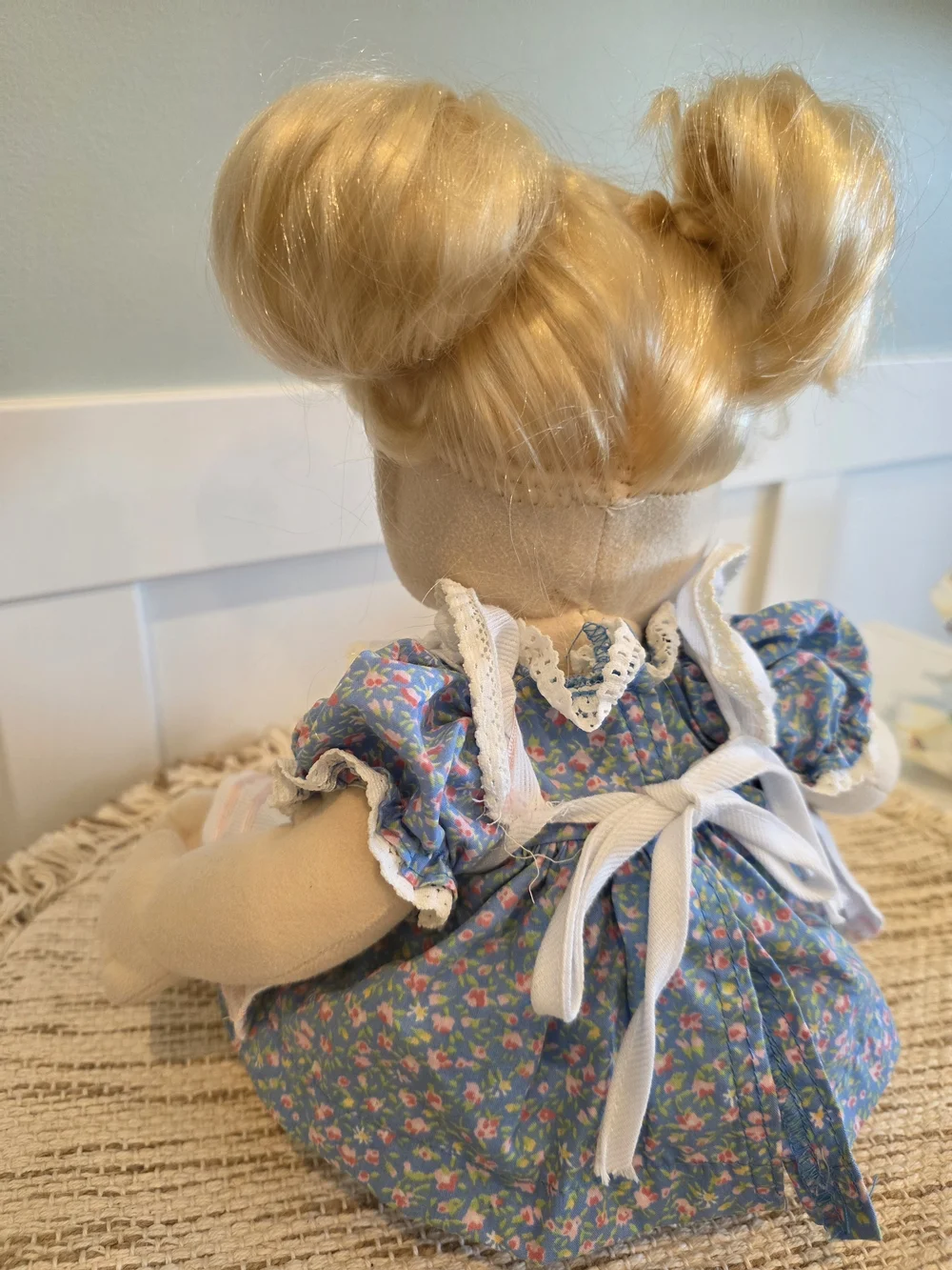 Vintage 1985 My Child Blonde Hair Blue Eyes Baby Doll in Blue Floral Dress